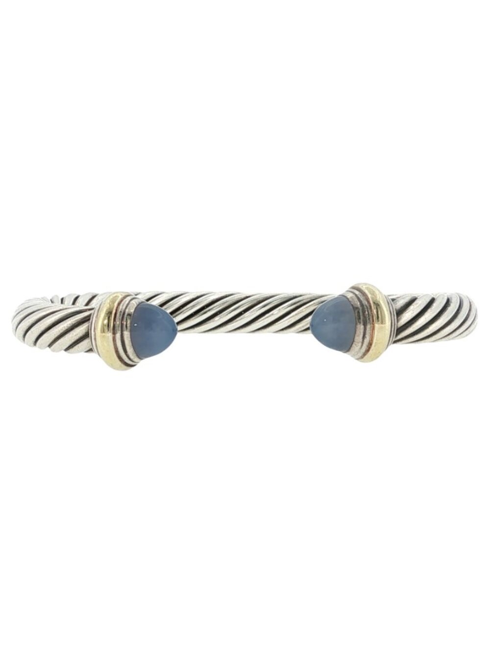 David Yurman 925 Silver & 14k Gold Blue Chalcedony Cable Bangle Bracelet S 6.5"